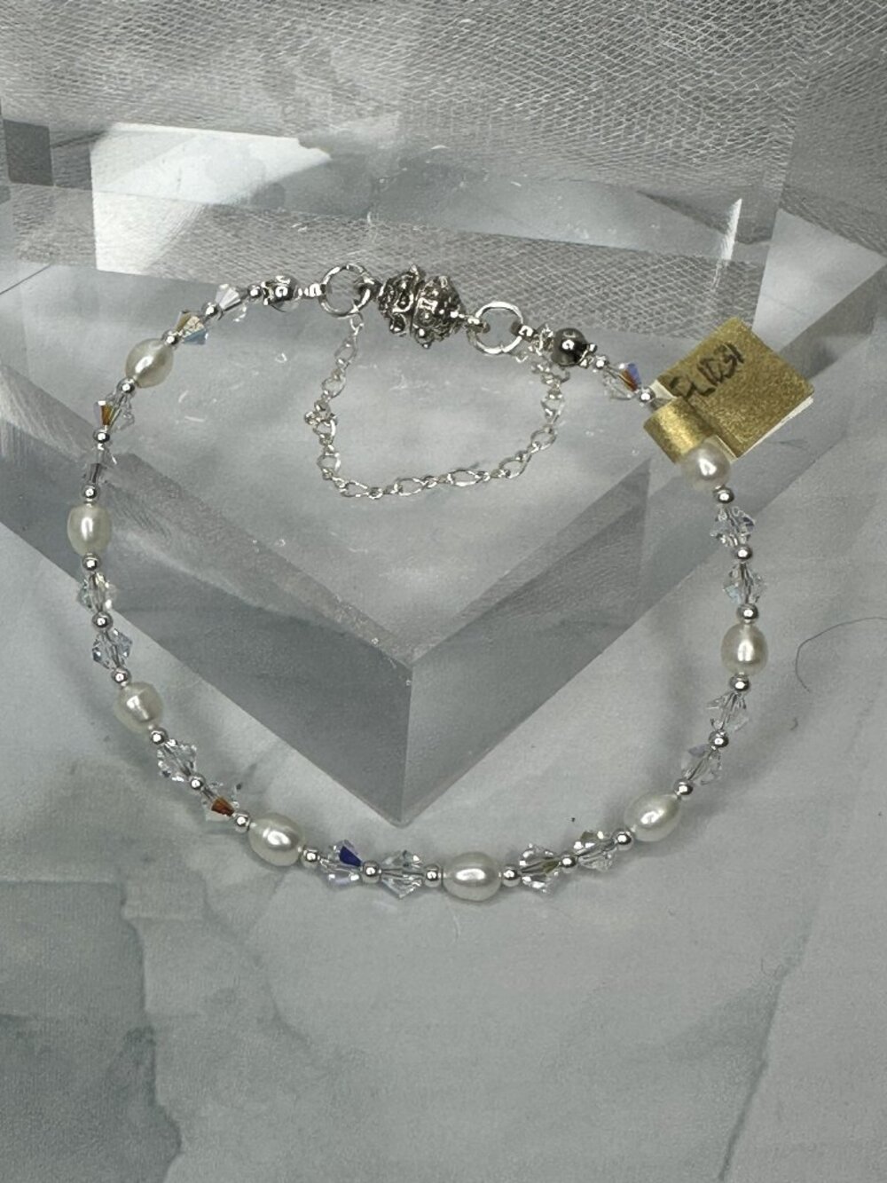 Artisan Swarovski Crystal AB & Genuine Pearl Bracelet Sterling Silver New FL1031